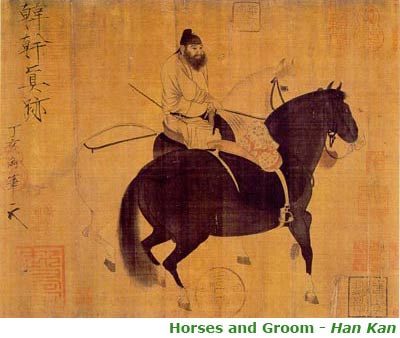 Painting of Chinese man on horse using stirrups