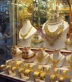 Gold jewelry in store display case