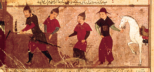 Genghis Kahn of the Mongols with his three sons and his horse